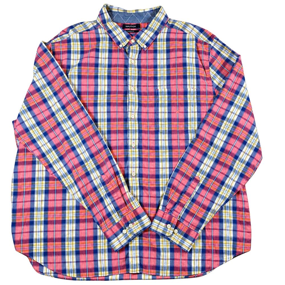Nautica Men’s 3XL Classic Fit Coral Blue Plaid Cotton Button-Down Shirt
